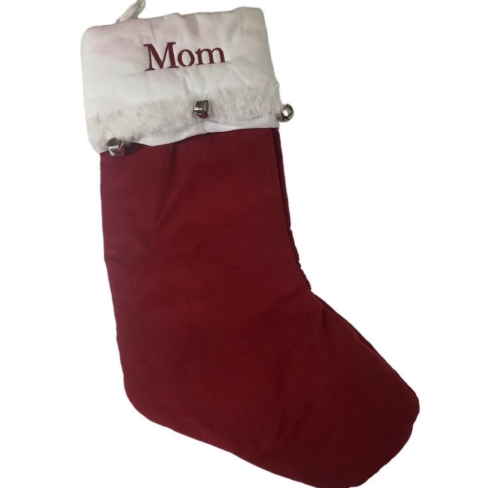 POTTERY BARN Velvet Christmas Stocking Mom Embroidered Lined Decor Holiday READ